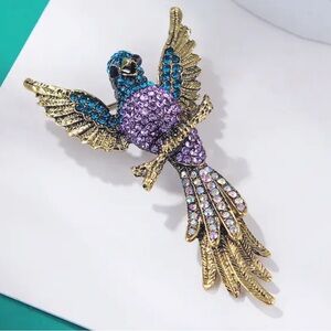 Blue, Purple Hummingbird Bird, Golden Brooch, Vintage Style Rhinestone Lapel Pin